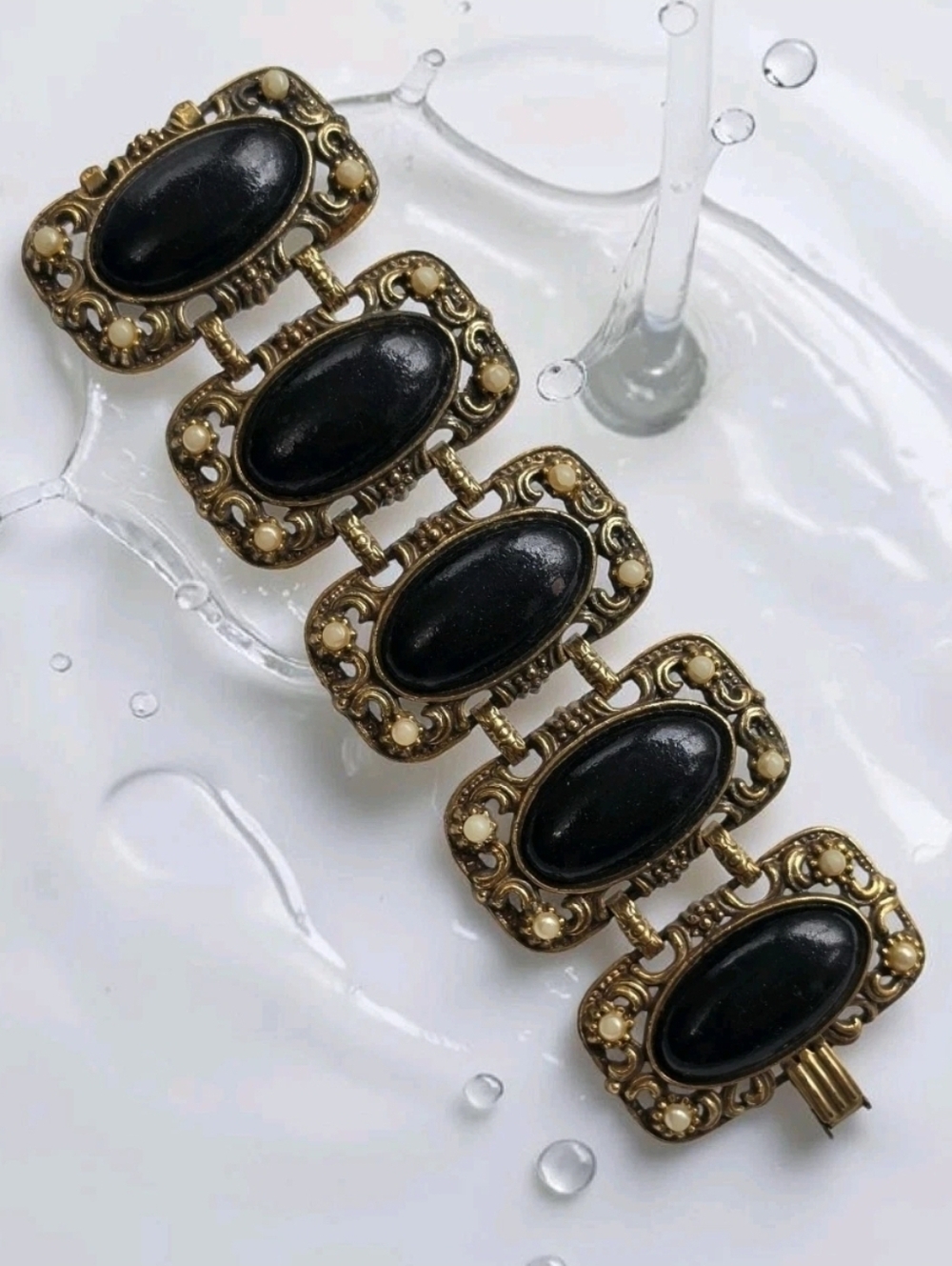 Vintage 2" Wide Black Enamel Panel Bracelet Gold Tone Faux Pearl Ornate Chunky